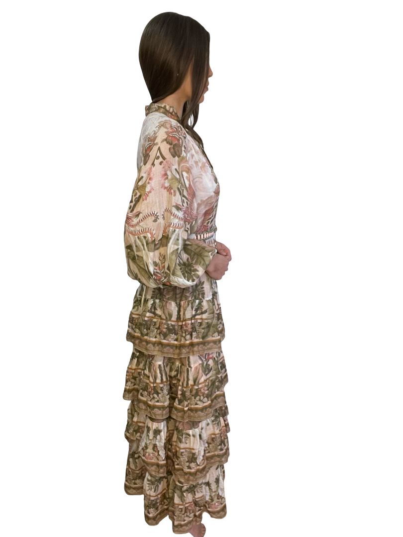 Zimmermann Pink / Multi-Colour Lyre Palm Print Tiered Maxi Dress. Size: 1
