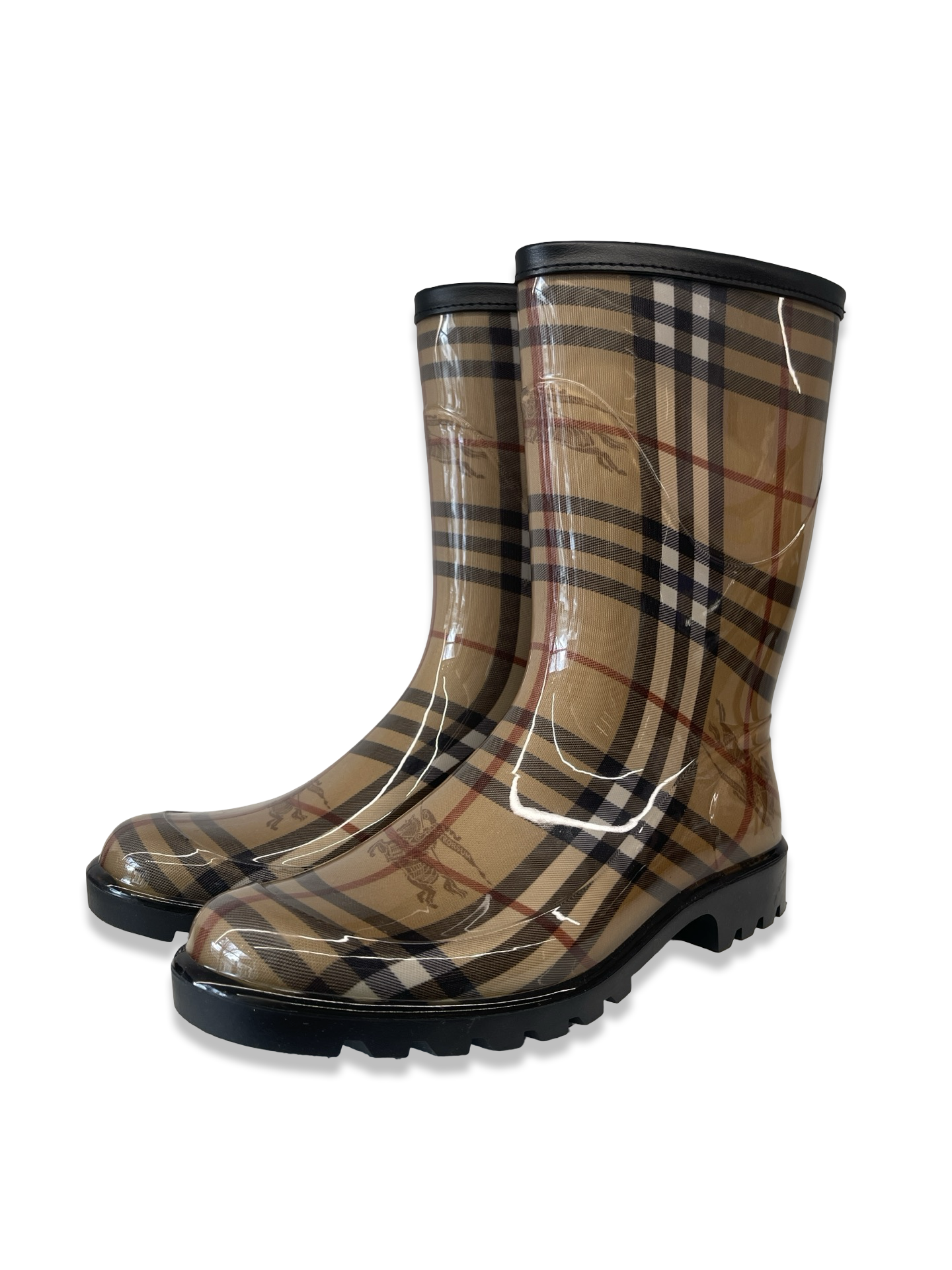 Burberry Tan Check 'Haymarket' Rain Boot. Size: 38
