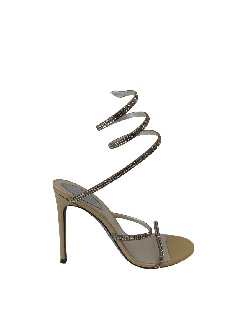 Rene Caovilla Beige Sandal Heels with Crystal Embellishment. Size: 38