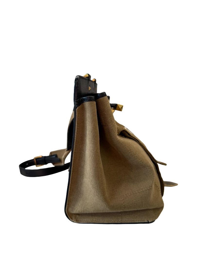 Valentino Garavani Black / Khaki Calfskin & Canvas Handbag.