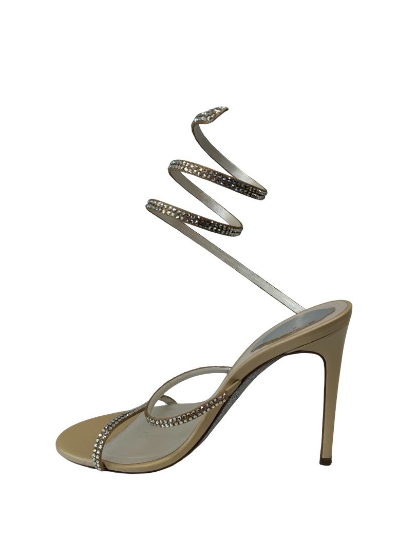Rene Caovilla Beige Sandal Heels with Crystal Embellishment. Size: 38