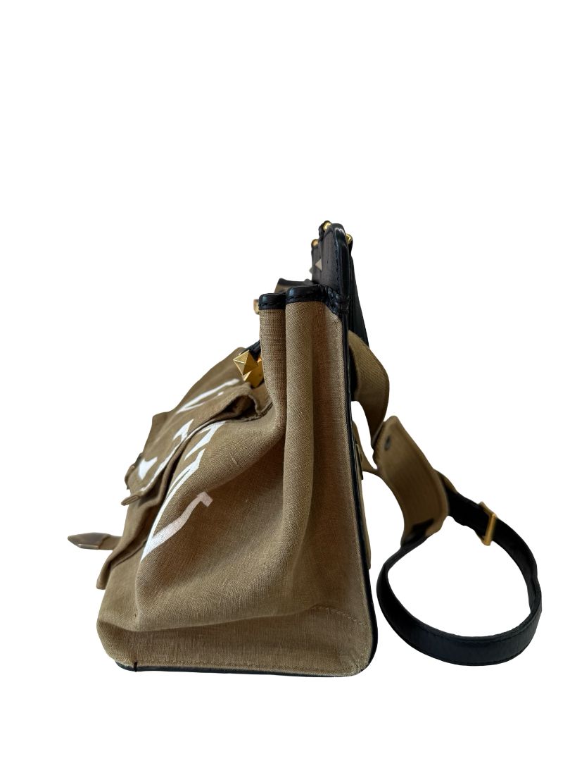 Valentino Garavani Black / Khaki Calfskin & Canvas Handbag.