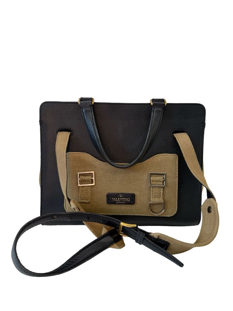 Valentino Garavani Black / Khaki Calfskin & Canvas Handbag.