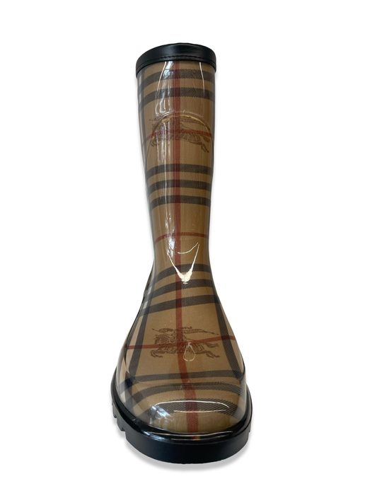 Burberry Tan Check 'Haymarket' Rain Boot. Size: 38