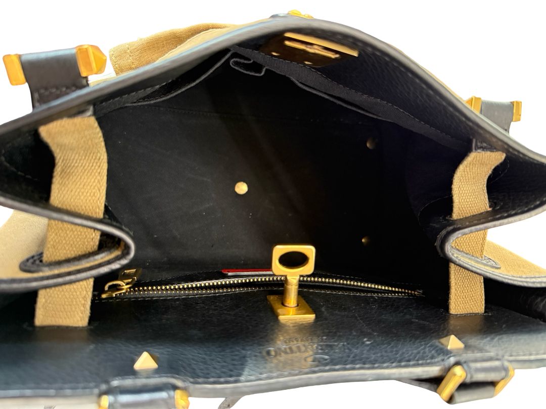 Valentino Garavani Black / Khaki Calfskin & Canvas Handbag.