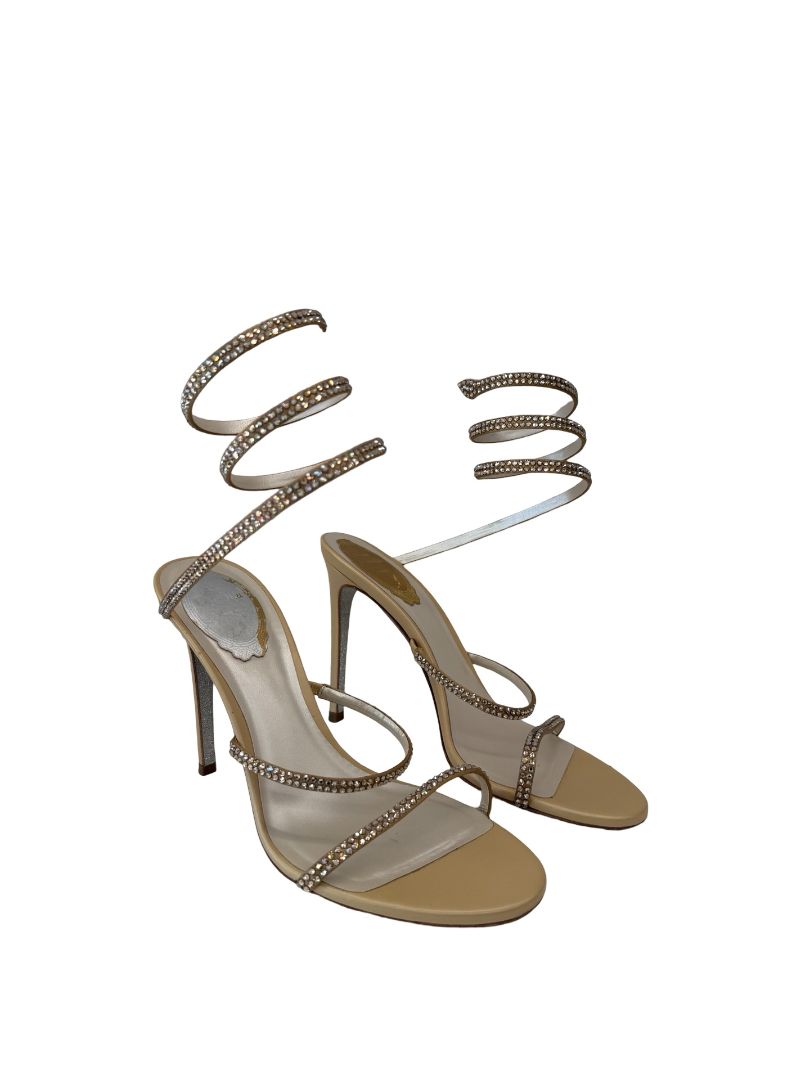 Rene Caovilla Beige Sandal Heels with Crystal Embellishment. Size: 38