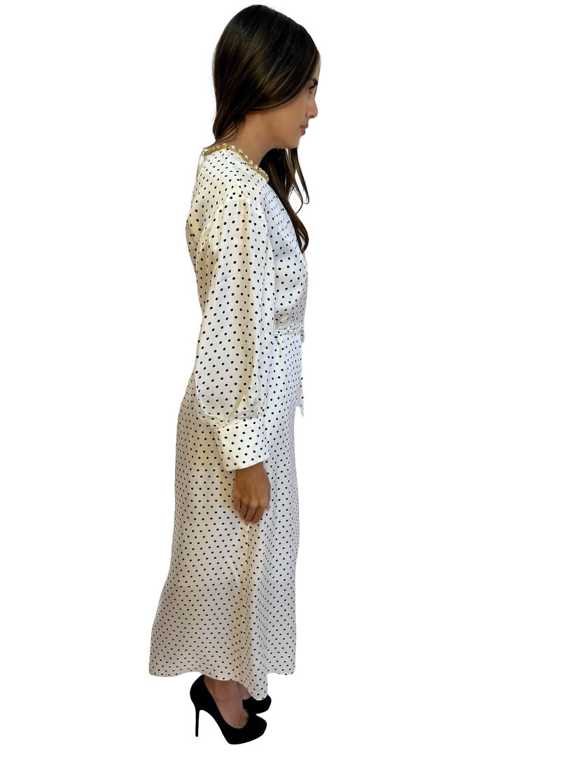 Sandro Cream Polda Dot Dress w/ Embellished Neck. Size: 10