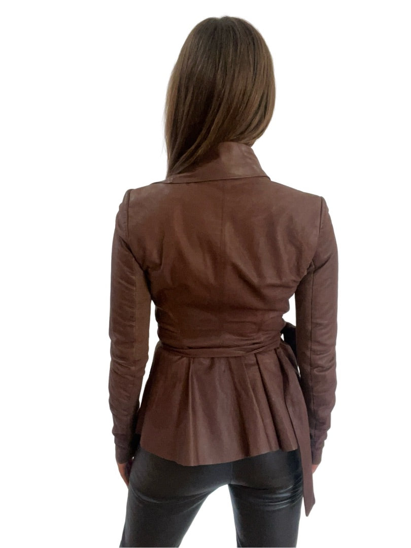 Rick Owens Brown Leather Wrap Jacket. Size: 40