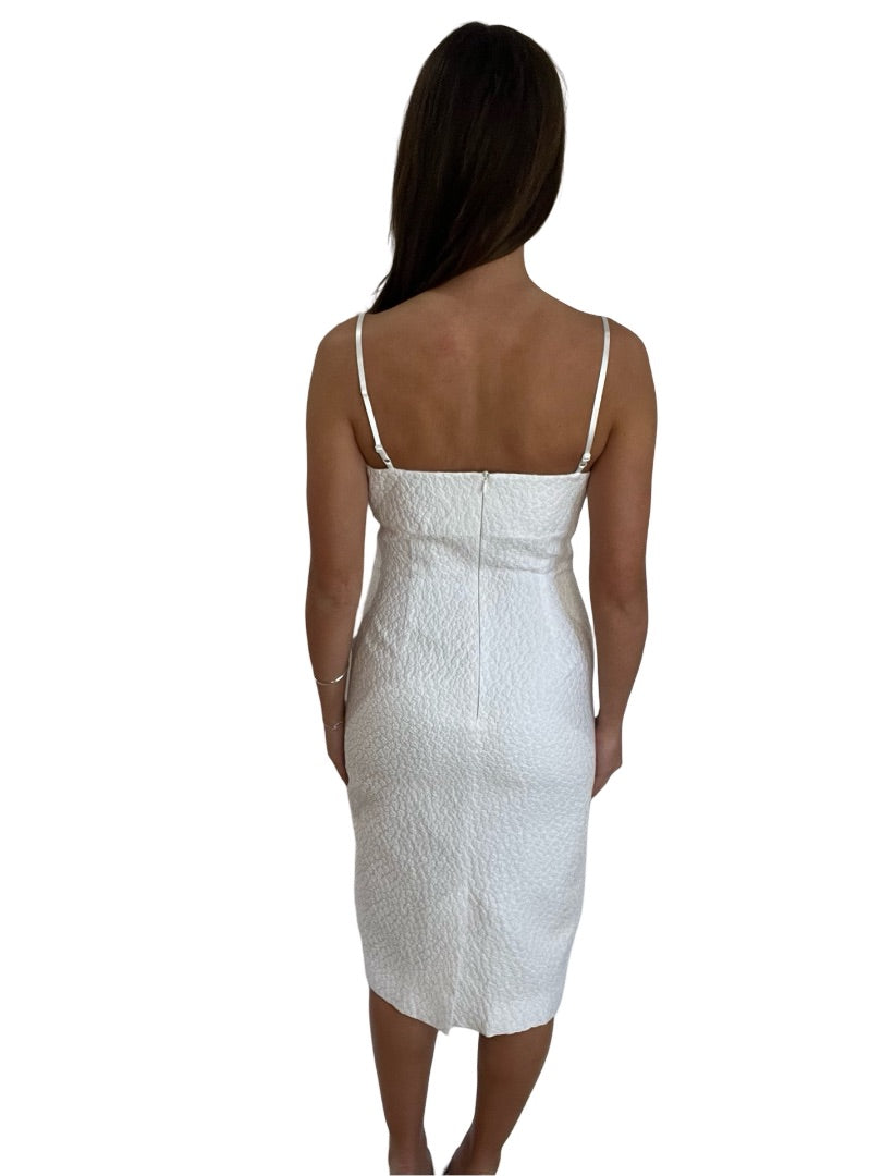 ShuShu Tong White Midi Strapless Dress w Bows and Ruffle Neckline. Size: 10