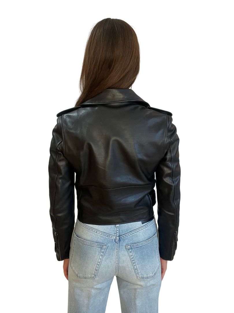 Balenciaga Black Leather Jacket W Sleeve Logo. Size: 34