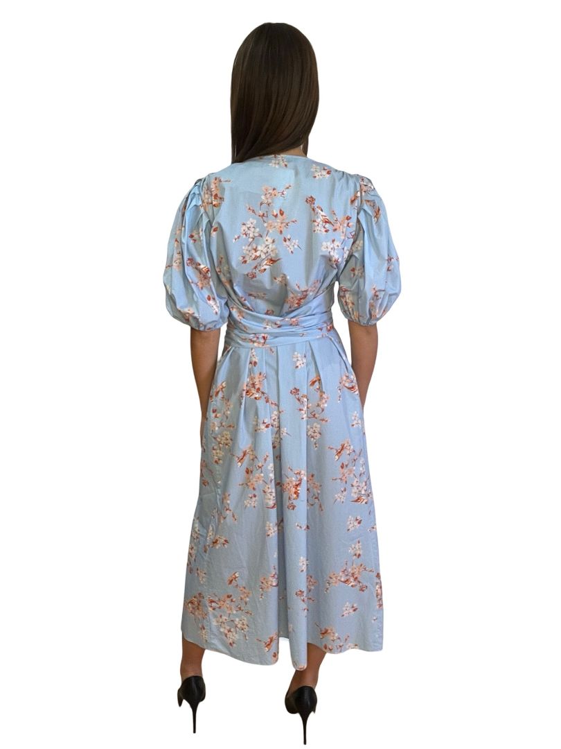Scanlan Theodore Blue V-Neck Flower Pattern Wrap Dress. Size: 8