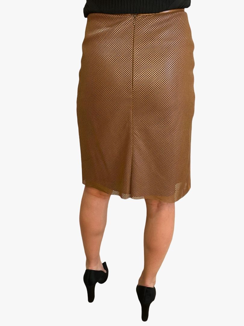 Akris Brown Perforated Midi Leather Skirt. Size: 8