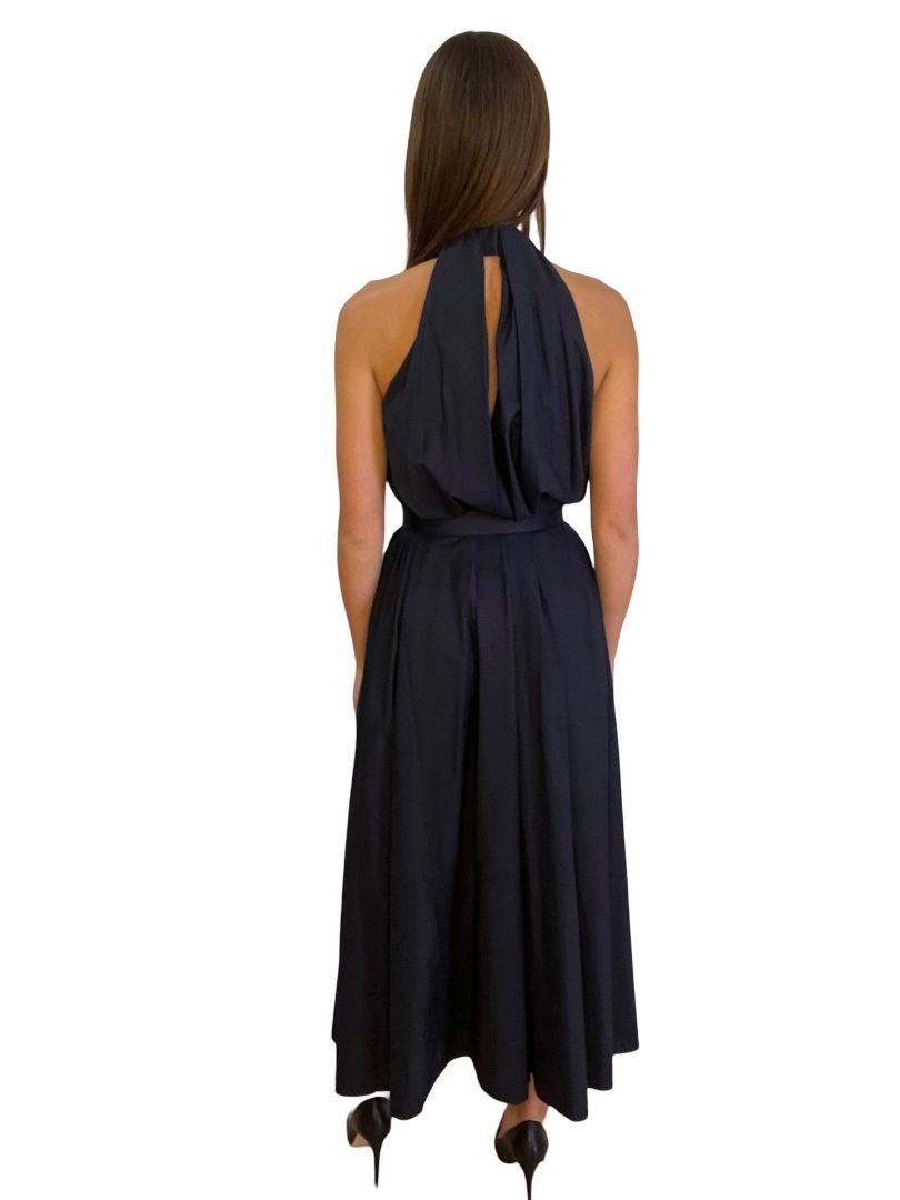 Scanlan Theodore Navy Halter Neck Maxi w Gold Ring Belt. Size: 6