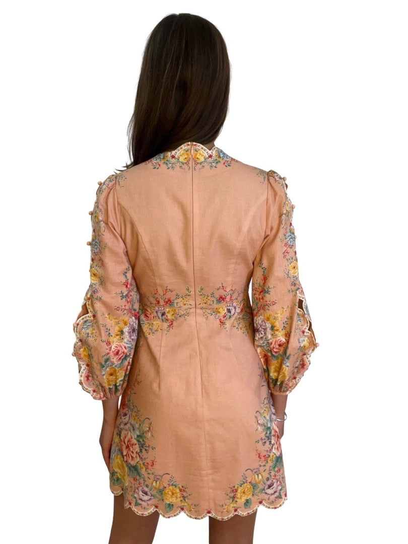 Zimmermann Blush Orange Floral Full Sleeve V-Neck Dress. Size: 1
