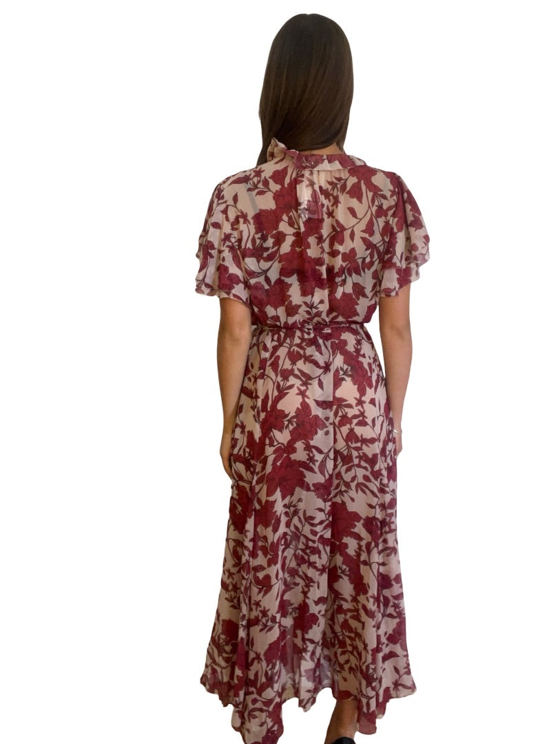 Husk Maroon / Beige Frill Sleeve Sheer Floral Dress. Size: 14