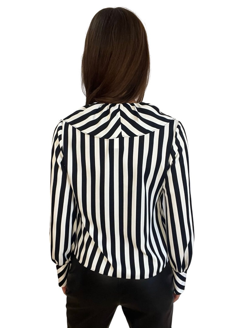 Carla Zampatti Black / White Striped Frilled Blouse. Size: 6