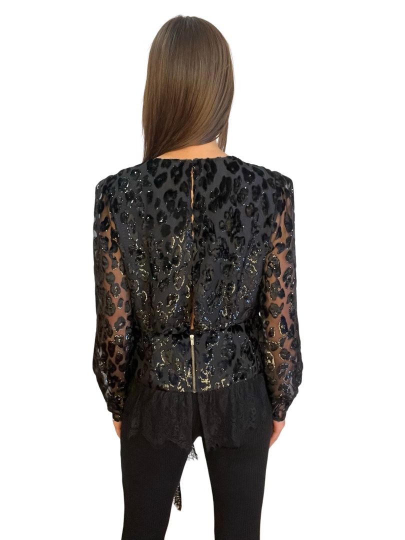 Self Portrait Black Sequin Pattern Top w/ Lace Hem. Size: 12