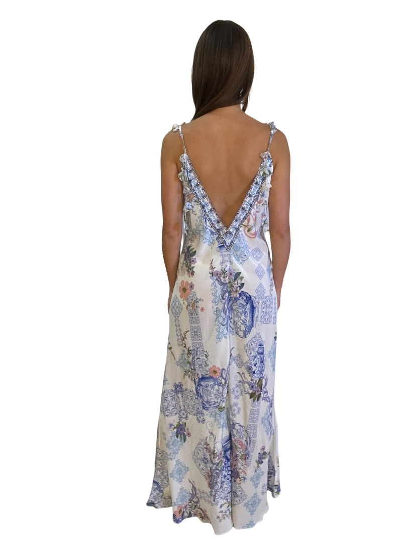 Camilla Multi-Colour V Neck Full Length Bias Slip Dress. Size: M