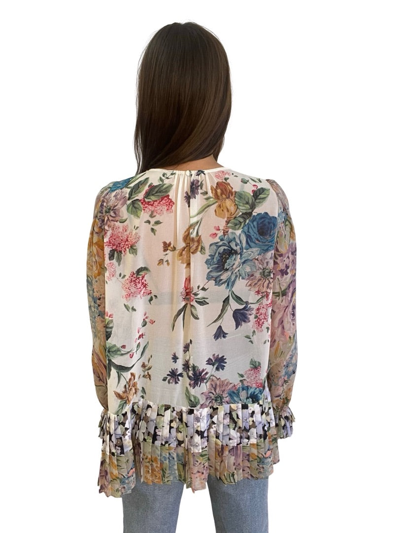 Zimmermann Multi-Colour Floral Blouse w/ Pleated Hem. Size: 2-3