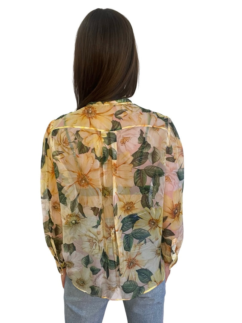Dolce & Gabbana Yellow Floral Print Blouse w/ Neck Tie. Size: M-L