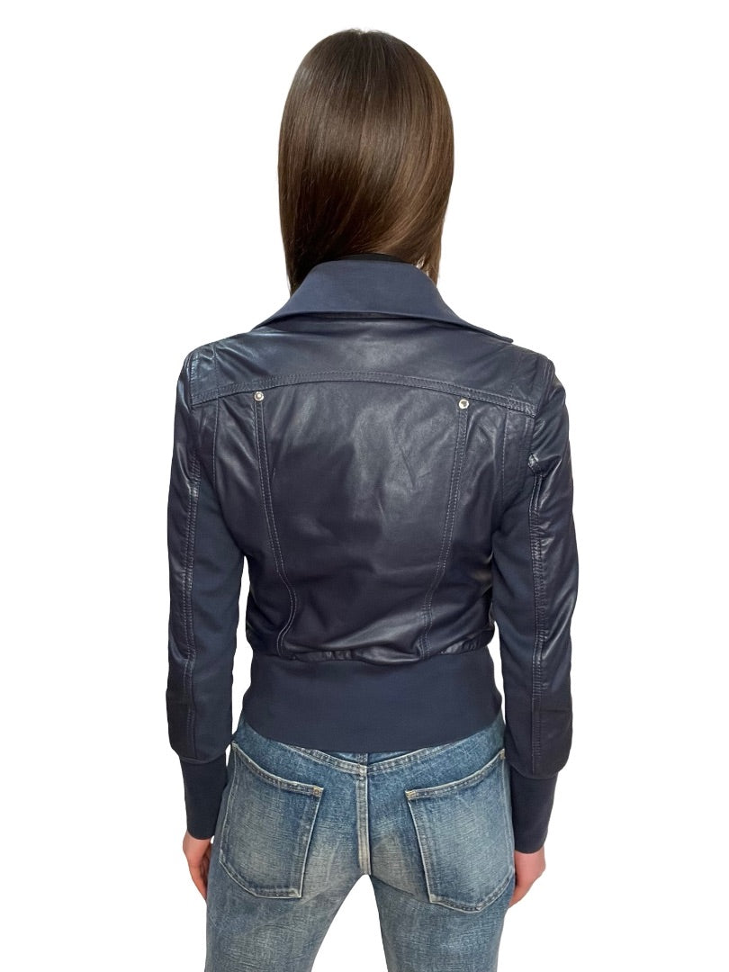 Patrizia Pepe Navy Blue Leather Bomber Jacket w/ Neck Tie. Size: 42