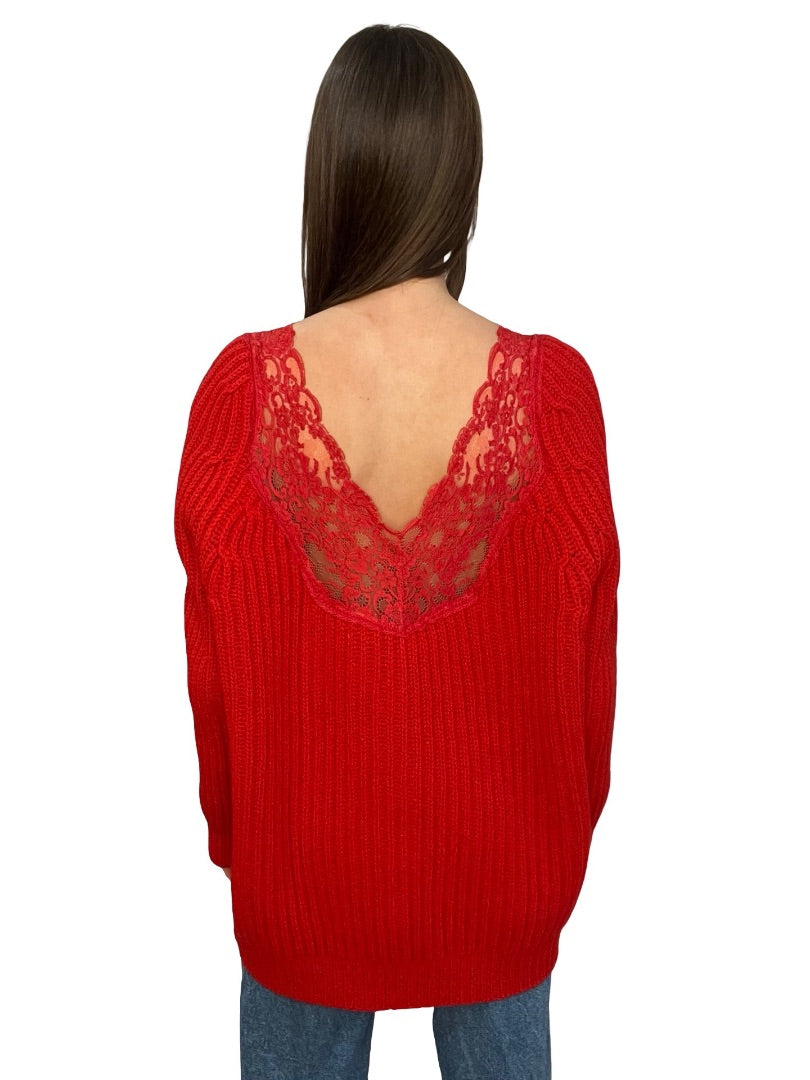 Balenciaga Red Oversized Lace Knit Sweater. Size: 36