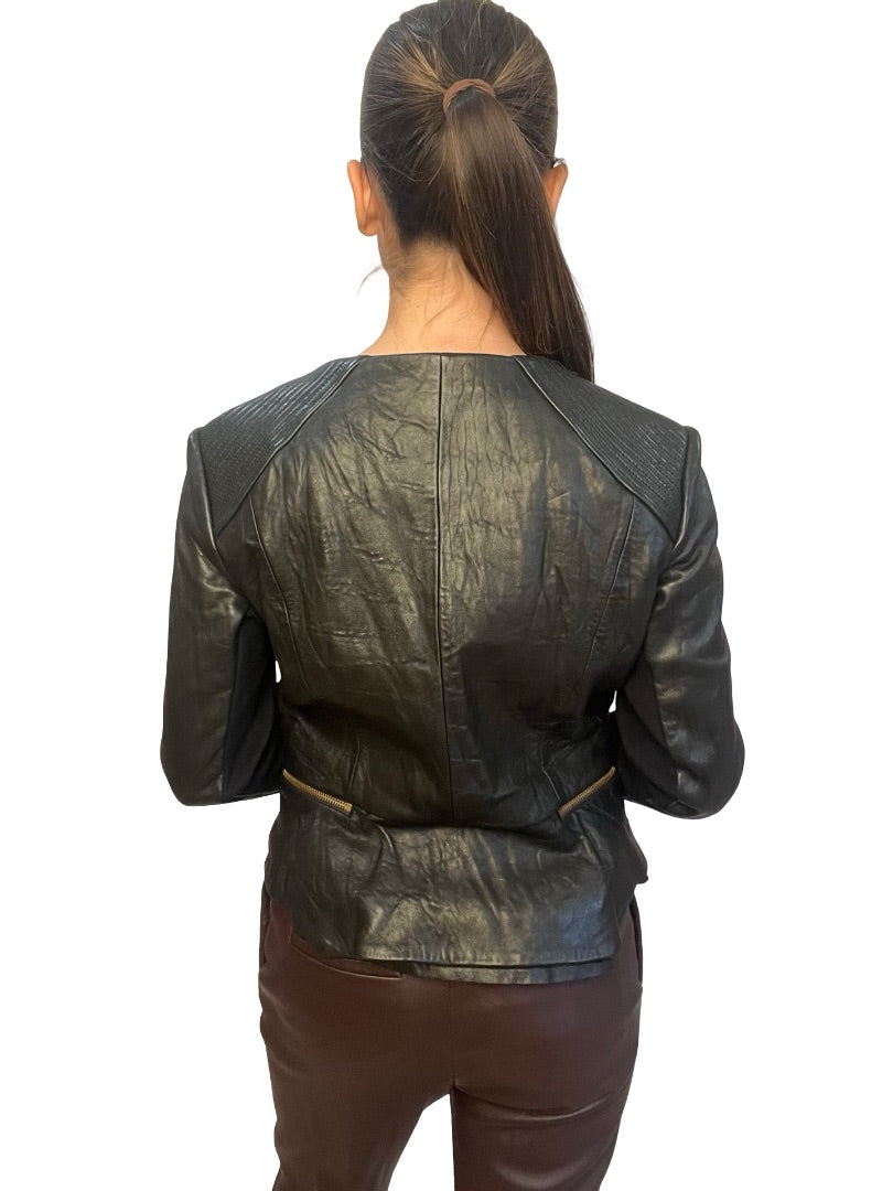 Husk Black Crewneck Leather Jacket. Size: 10