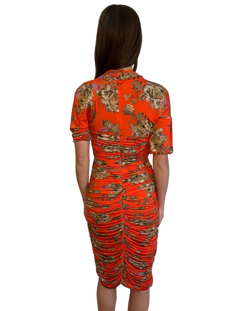 Preen By Thorton Bregazzi Orange Ruched Floral Print Dress. Size: XS