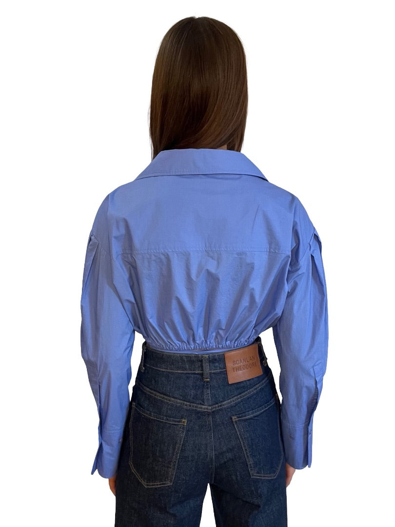 Scanlan Theodore Cornflower Blue Cropped Shirt w/ Elastic Hem. Size: 6