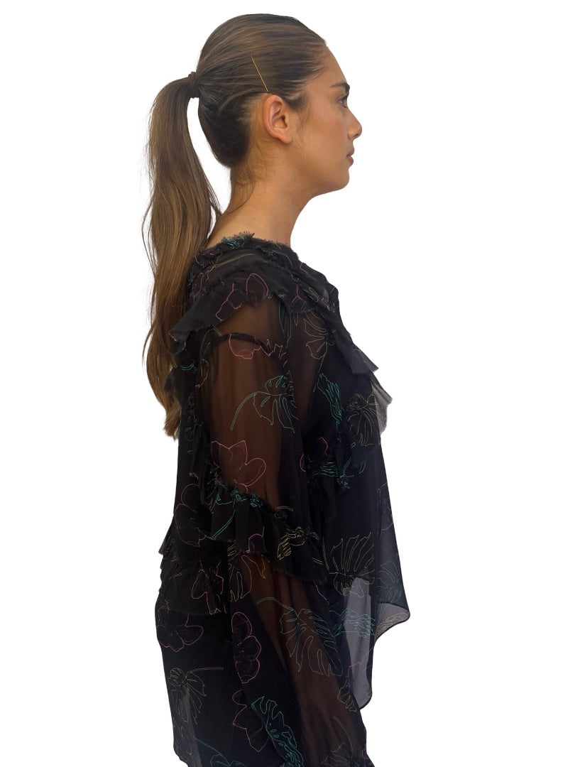 Husk Black Leaf Print Silk Blouse. Size: 12