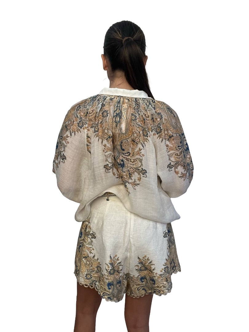 Zimmermann Cream / Multi-Colour Freja Paisley Print Blouse & Short Set. Size: 1