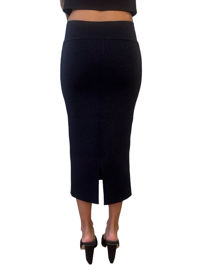 Scanlan Theodore Navy Metallic Crepe Knit Skirt. Size: S