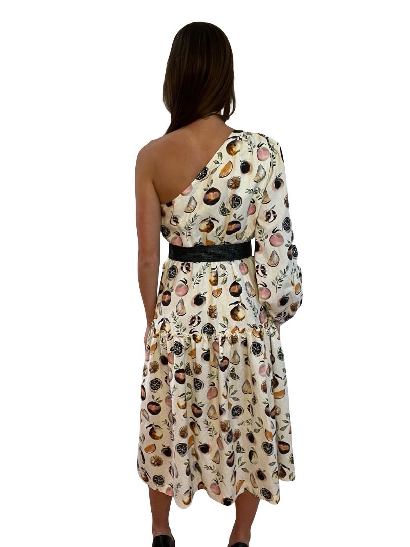 Rebecca Vallance Cream One Shoulder Printed Dress. Size: 10