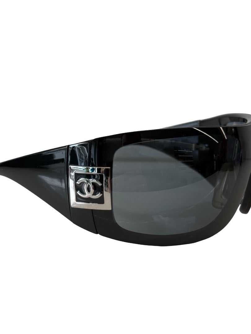 Chanel Black Vintage Wrap Around Ski Sunglasses.