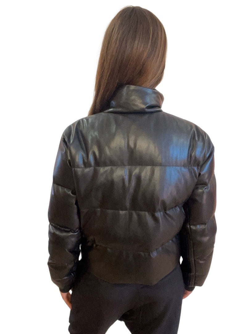 Husk Black Faux Leather Puffer Jacket. Size: S