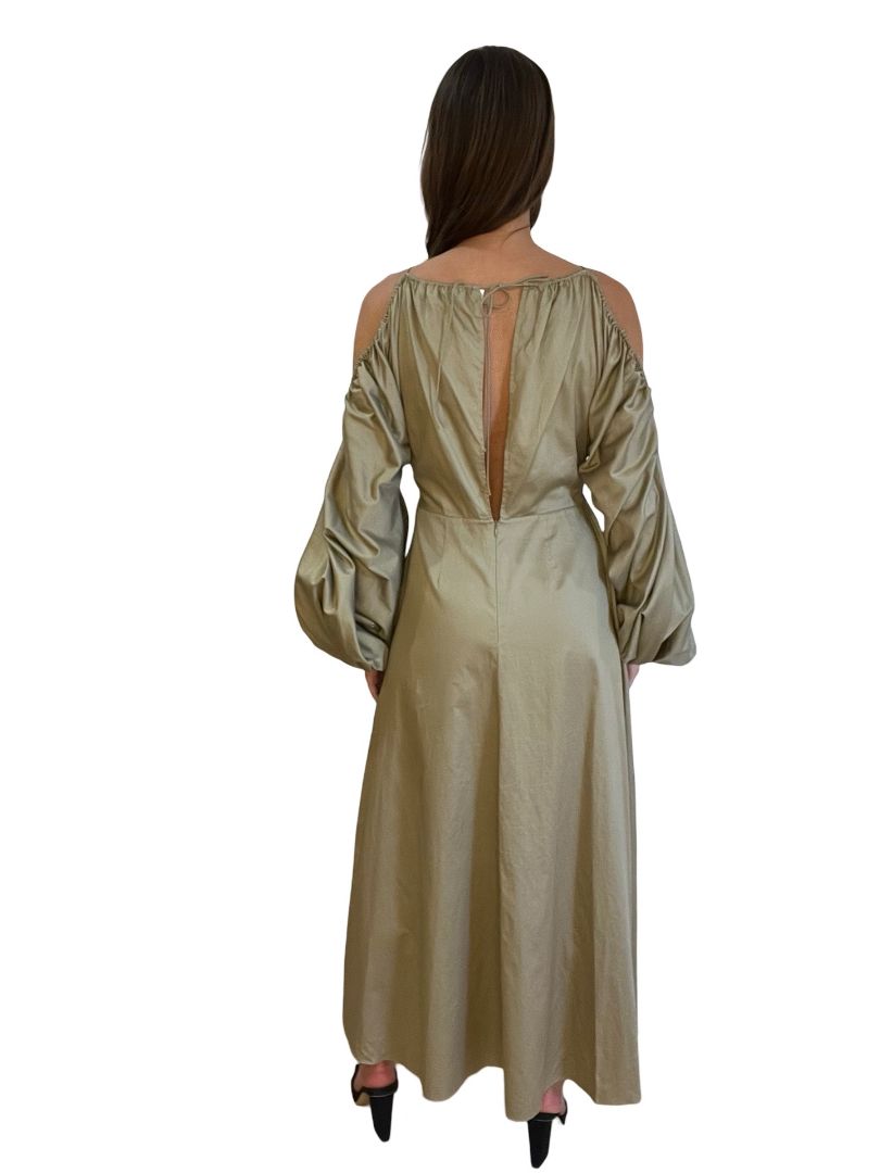 Camilla & Marc Khaki Puff Sleeve Off Shoulders Maxi Dress. Size: 8
