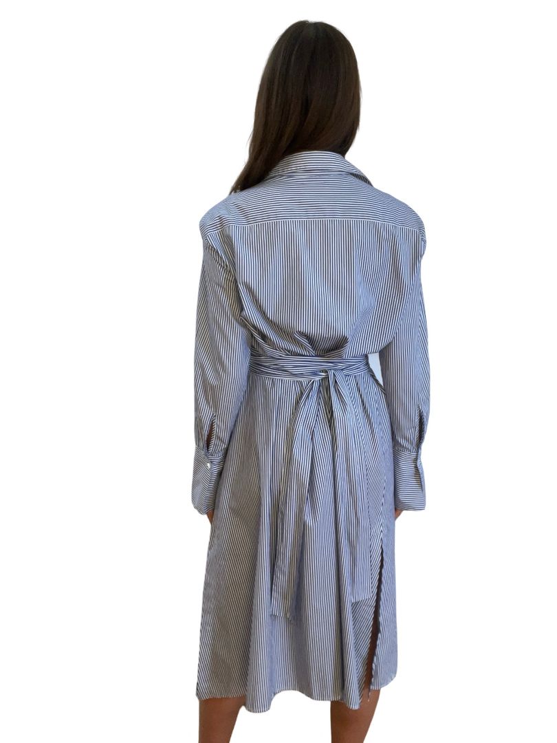 Scanlan Theodore Blue Pinstripe Button-Up Dress w/ Attached Belt. Size: 12