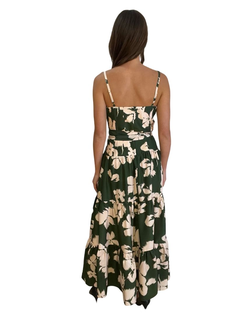 Husk Green & Cream Thin Strap Maxi Dress w Flower Print. Size: 10