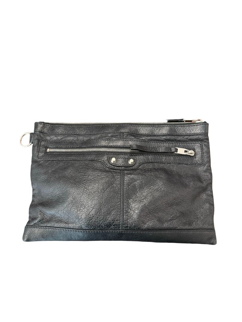 Balenciaga Black Leather Clutch W Silver Studs. 30x20