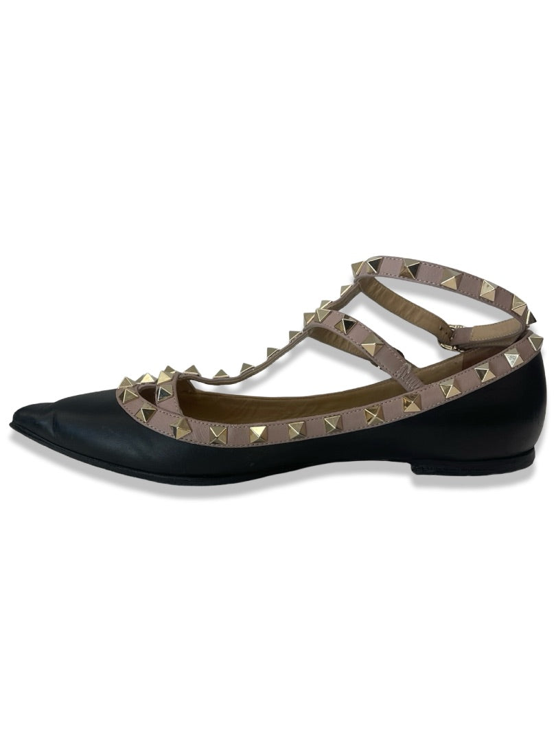 Valentino Garavani Black Ballerina Studded Cage Flats. Size: 37