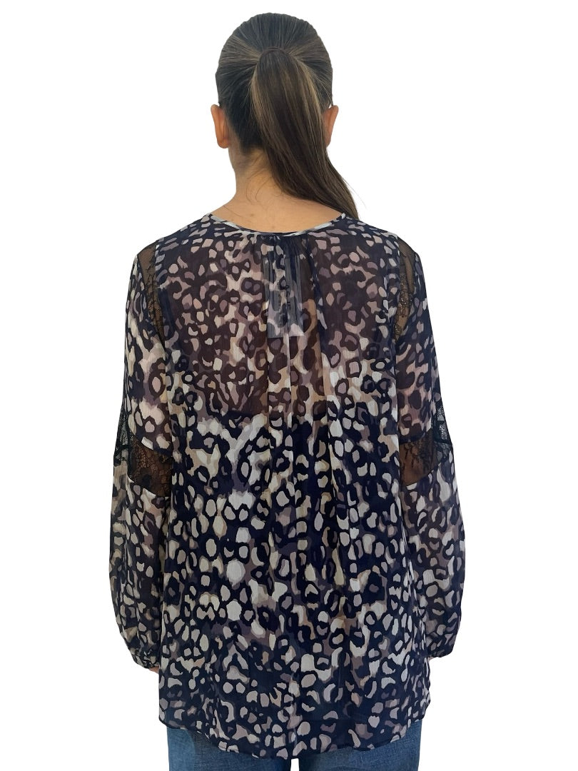 Husk Blue / Neutral Sheer Print Blouse w/ Lace. Size: 12