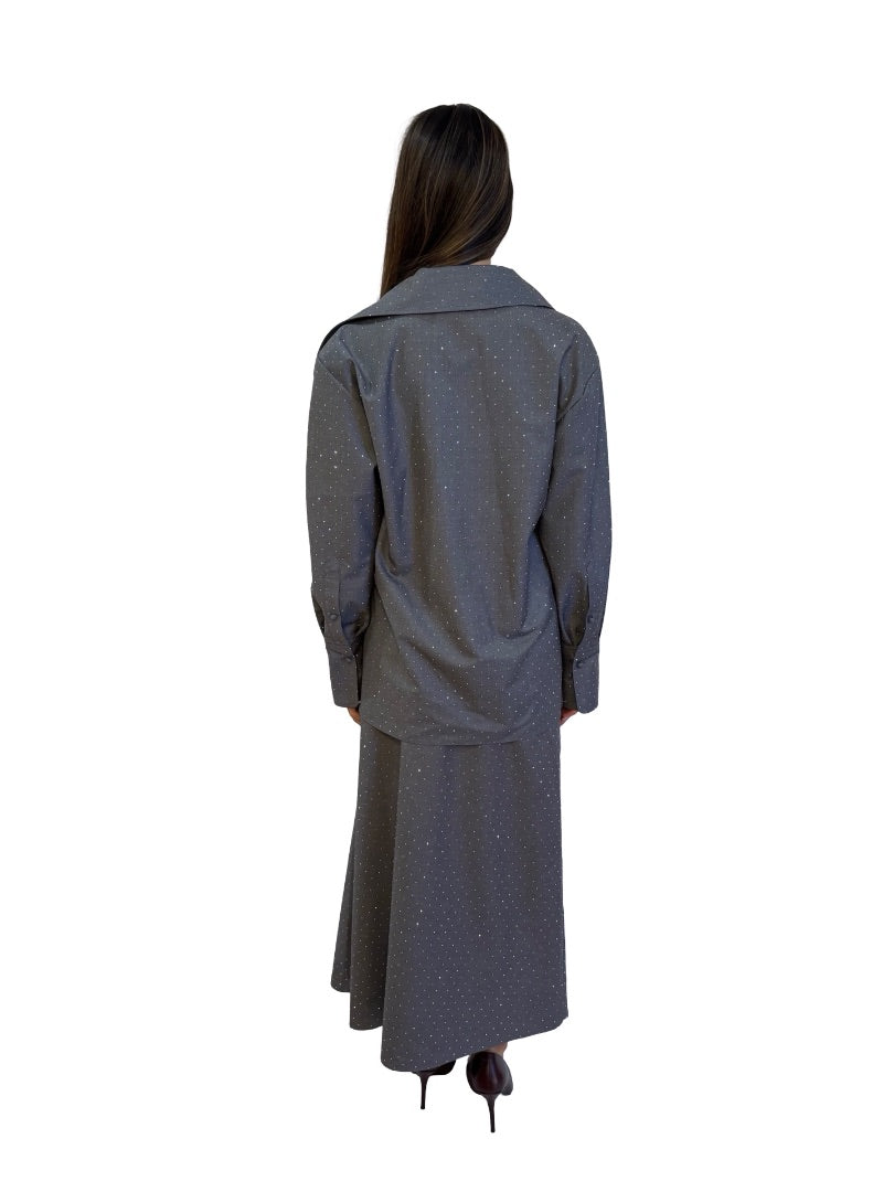 Scanlan Theodore Grey Rhinestone Embellished Shirt & Skirt Set. Size: 6