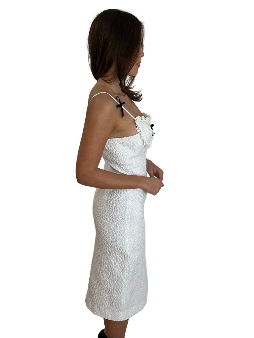 ShuShu Tong White Midi Strapless Dress w Bows and Ruffle Neckline. Size: 10