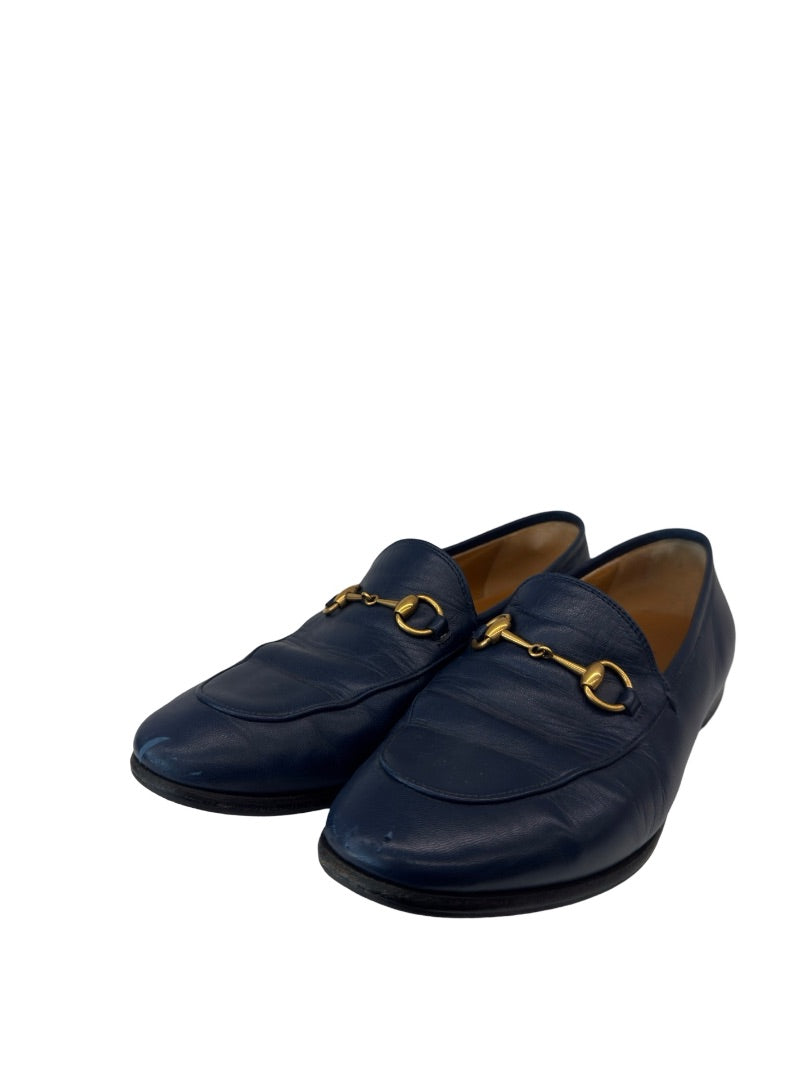 Gucci Navy HorseBit Flat Slip Ons. Size: 38