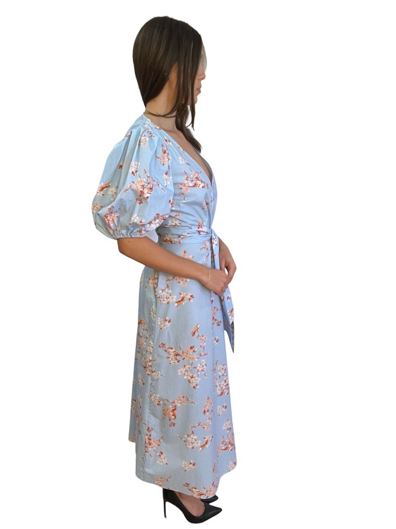 Scanlan Theodore Blue V-Neck Flower Pattern Wrap Dress. Size: 8
