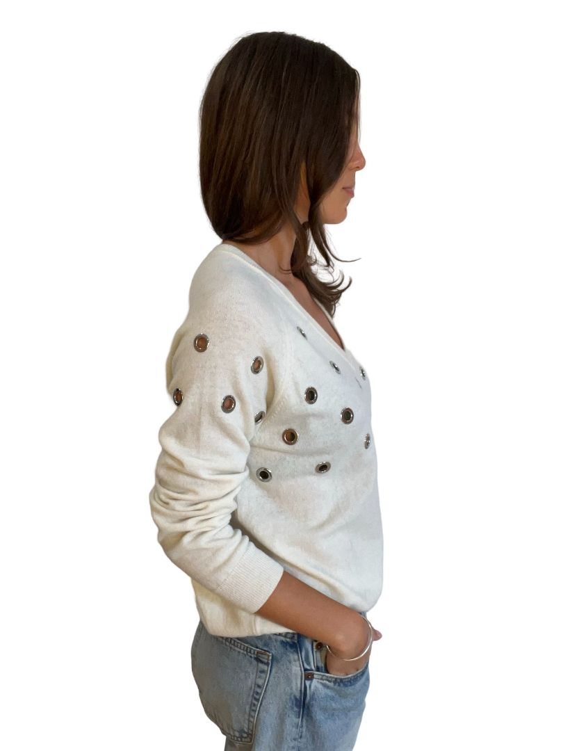 Beatrice Cream Holed V Neck Knit. Size: S