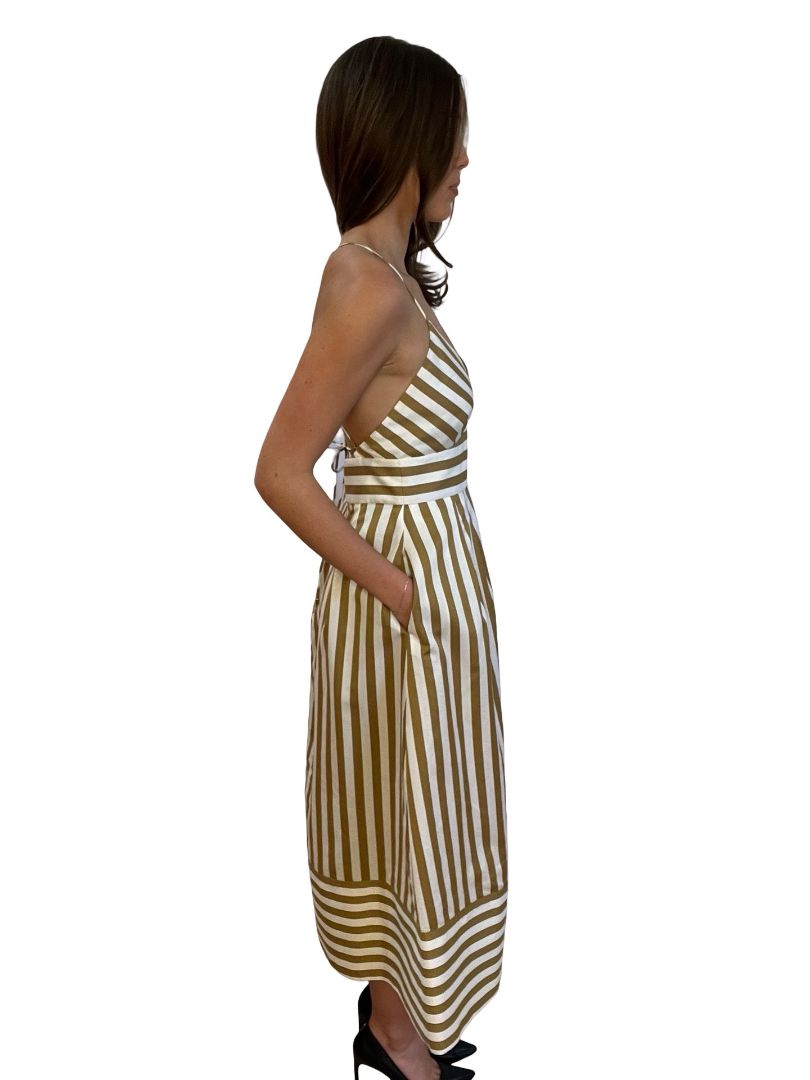 Rebecca Vallance White/Gold 'Lucas Midi Stripe Dress'. Size: 10