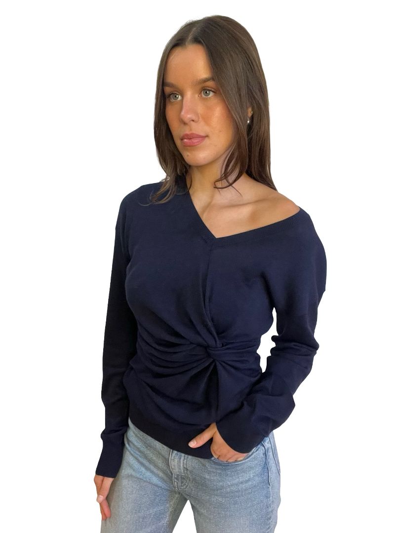 Stella McCartney Navy Wool Long Sleeve Twist Top. Size: 44