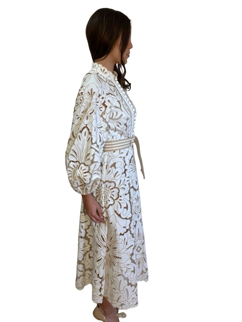 Zimmermann White "Edie Embroidery' Linen Dress W Belt. Size: 1