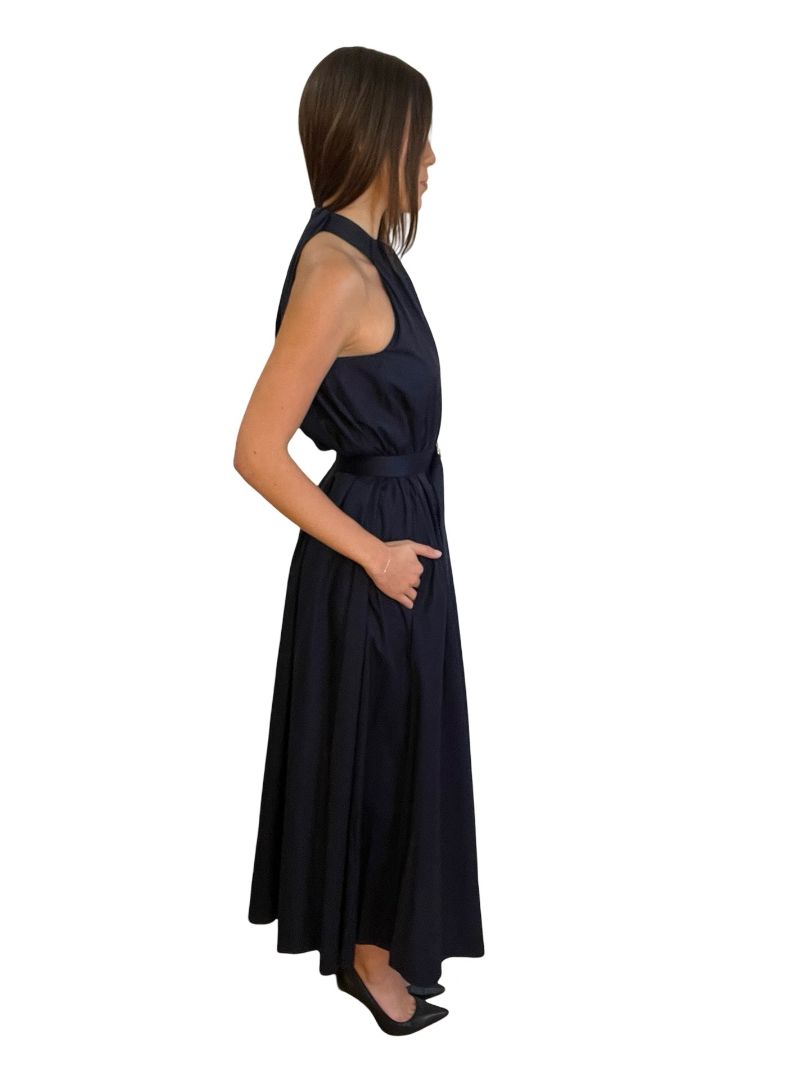 Scanlan Theodore Navy Halter Neck Maxi w Gold Ring Belt. Size: 6
